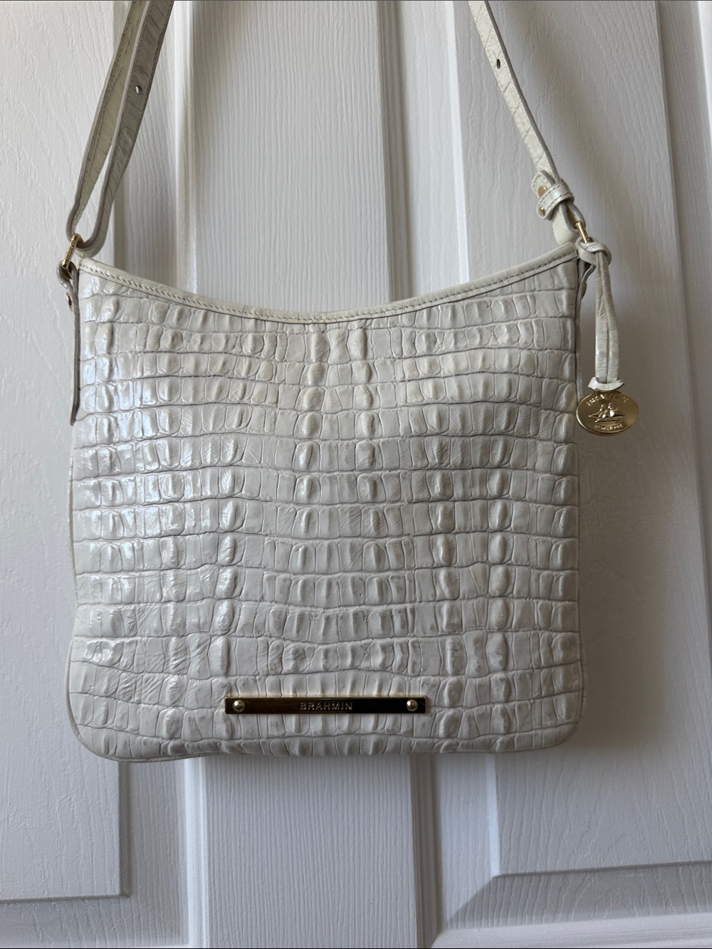 Brahmin Cream Croc-Embossed Leather Shoulder Bag with Gold Accent